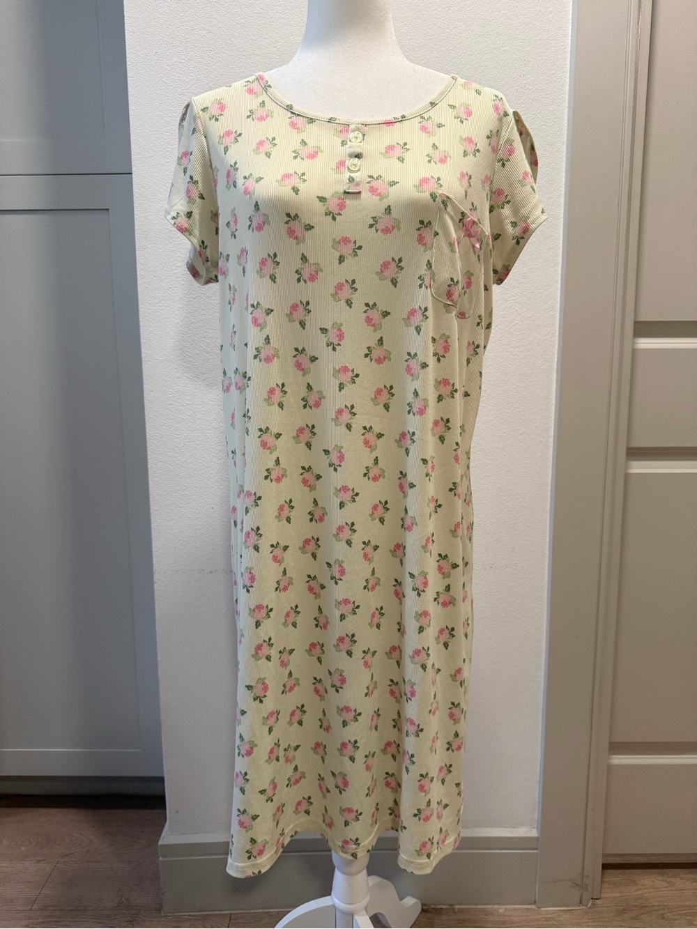Shabby Chic Floral Ribbed Lounge Dress Cottagecore Sleep Dress Medium